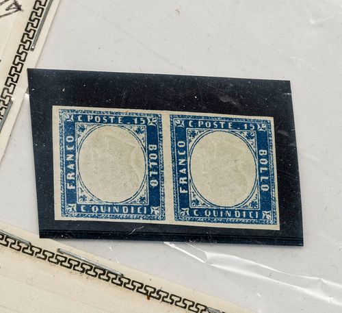 HZ-PAIR ITALIAN INVERTED STAMPS FRANCO BOLLO EMBOSSED BLUE/WHITE OVAL CENTER UNUSED- IMPERF SCOTT #22A (1) H 8" W 6" 