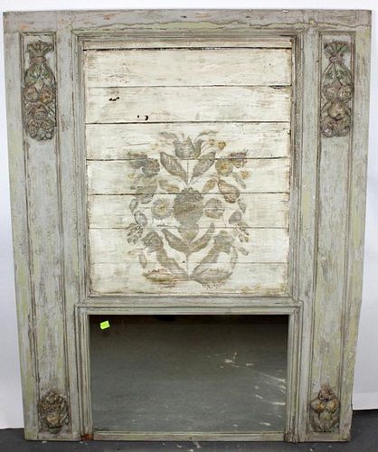 French painted trumeau mirror with carved fruit garland