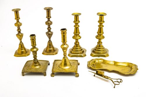 BRASS CANDLESTICKS, TRAY AND CANDLESNUFFER, EIGHT PIECES