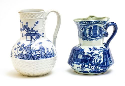 ENGLISH BLUE AND WHITE PORCELAIN PITCHERS, TWO PIECES