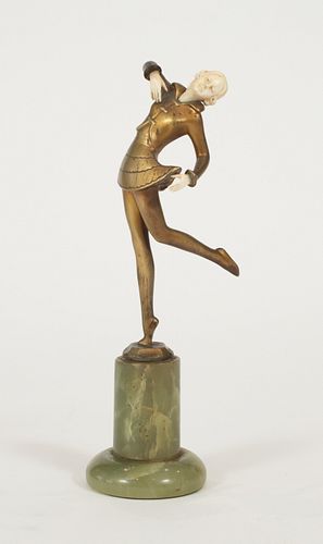 JOSEF LORENZL, (AUST.1892 - 1950) ORIGINAL BRONZE SCULPTURE ON ONYX BASE H 10", DIA 3" DANCER 