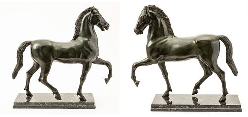 BRONZE  HORSES, ON MARBLE BASES 20TH C. ,  PAIR, H 23", L 24"
