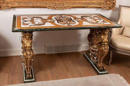 FLORENTINE PIETRA DURA TABLE TOP SUPPORTED ON A RELIEF CARVED CARYATID BASE H 35", W 63"
