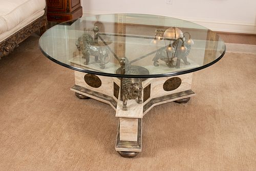 MAITLAND SMITH GLASS TOP, "LIONS" ON MARBLE BASE TABLE, H 23.5", DIA 48"
