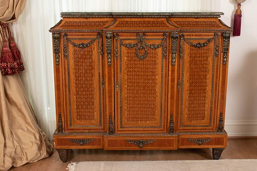 FRENCH  LOUIS XV STYLE ORMOLU FRUITWOOD & MARBLE CABINET, H 45", W 51"