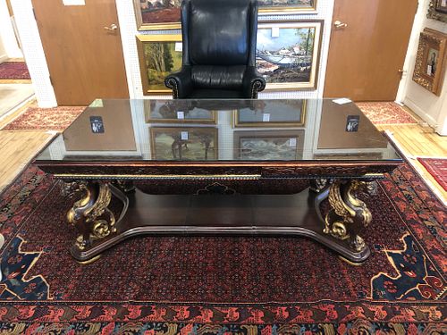 CARVED MAHOGANY LIBRARY TABLE. C 1920, H 31", W 71", D 37" 