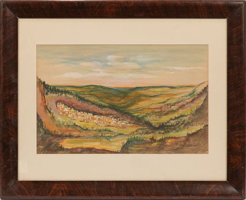 EDWARD BOREIN, WATERCOLOR H 12" W 18" ADOBES IN WESTERN PLAINS 