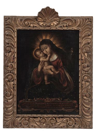 SPANISH SCHOOL OIL ON CANVAS ON BOARD, 17TH C, H 33", W 24.5", MADONNA WITH CHILD 