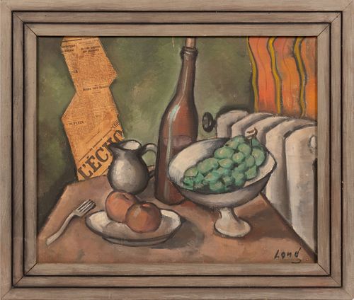 20TH C. OIL AND COLLAGE ON CANVAS, SIGNED LONG, C.1930 H 20", W 24", FRENCH STILL LIFE 