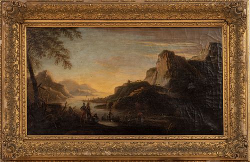 OIL ON CANVAS, 18TH C, H 19.5", W 36", LANDSCAPE WITH SOLDIERS 