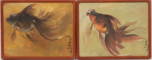 ATTRIBUTED TO LEE MAN FONG, (CHINESE, INDONESIAN 1913 - 1988) OIL ON MASONITE BOARD, PAIR OF GOLDFISH (2) H 10" W 13.5" 