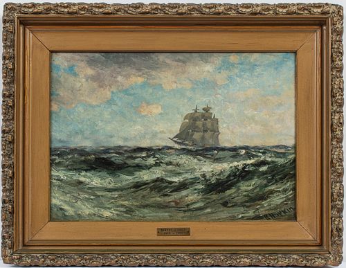 ROBERT HOPKIN (AMERICAN, 1832-1909) OIL ON MASONITE, C. 1880, H 14", W 20", CLIPPER SHIP 