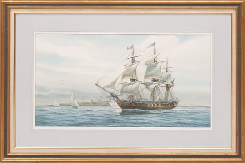 TOM FREEMAN (AMERICAN 1952-2015) WATERCOLOR AND GOUACHE ON PAPER, H 21", W 39", USS CONSTITUTION 