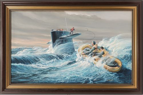 TOM FREEMAN, (AMERICAN 1952-2015) OIL ONBOARD, 1988 H 21" W 35" SUBMARINE RESCUING DOWNED AIR FORCE PILOTS 