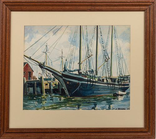 E. BROWNING, WATERCOLOR ON PAPER, 1958, H 15", W 20", SAILING SCHOONER 