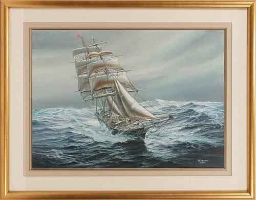 TOM FREEMAN, (AMERICAN 1952-2015) WATERCOLOR ON PAPER, H 20.5" W 28" A SHIP PASSING THROUGH STORMY SEAS 