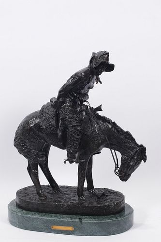 AFTER FREDERIC REMINGTON (AMERICAN, 1861-1909) BRONZE SCULPTURE, H 20.5", L 16", "THE NORTHER" 