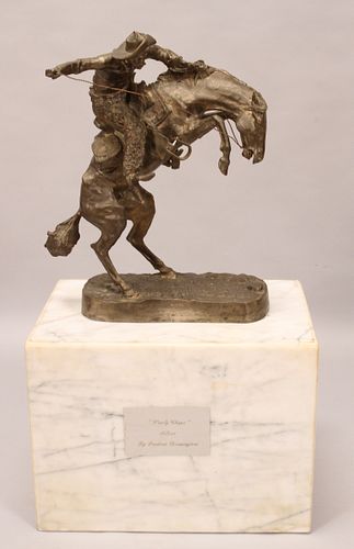 AFTER FREDERIC REMINGTON (AMERICAN 1861-1909) HENRY BONNARD FOUNDRY, PATINATED BRONZE SCULPTURE, H 20.25", L 16.5", "WOOLY CHAPS", 55/100 