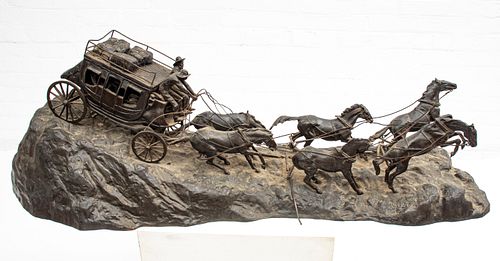 AFTER CHARLES MARION RUSSELL (AMERICAN 1864-1926) BRONZE SCULPTURE H 14", W 14", L 45", "STAGE COACH" 