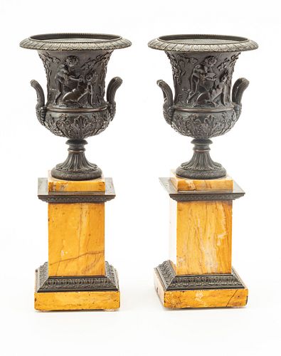 FRENCH MARBLE & BRONZE EMPIRE STYLE  URNS, 20TH C., PAIR, H 14", W 4.5"