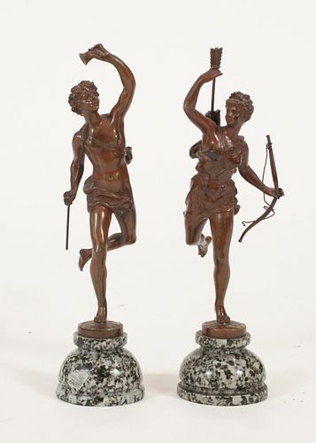 AFTER RANCOULET, BRONZE ALLEGORICAL FIGURES, MARBLE BASES, PAIR, H 8"