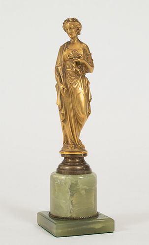 FRENCH  BRONZE SCULPTURE, FIRST QUARTER 20TH C.  H 9", W 2.5", CLASSICAL MAIDEN WITH LAUREL WREATH 