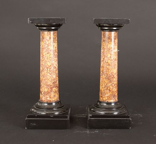 FRENCH EMPIRE STYLE MARBLE DIMINUTIVE PEDESTALS, C 1900, PAIR, H 14.25", W 5.75"