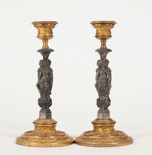FRENCH D'ORE BRONZE & AND SILVER PATINATED  CANDLESTICKS, PAIR, H 9", DIA 4" THE THREE GRACES 