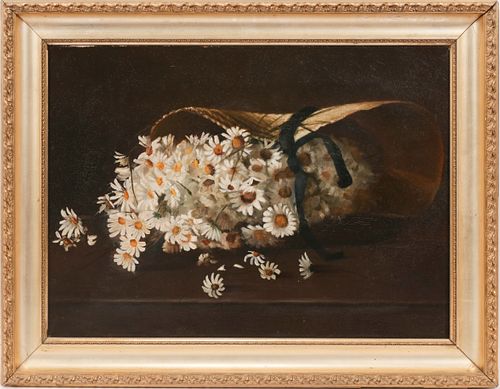 M.B. ANTHONY, OIL ON CANVAS, 19TH C, H 16", W 22", DAISIES 