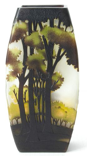 FRENCH CAMEO VASE  WOODED SCENE IN THREE COLORS H 10.25", W 5", D 2.5" 
