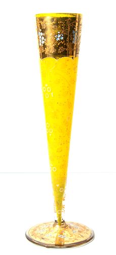 TALL YELLOW GLASS VESSEL, GOLD AND ENAMEL C 1880 H 15"