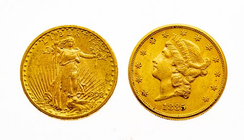 US $20. GOLD COINS 1908, 1885 GROUP OF TWO