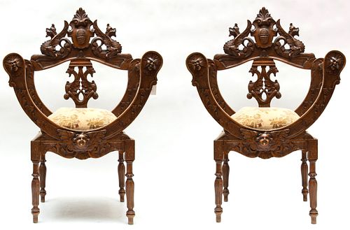 RENAISSANCE REVIVAL CARVED WALNUT UPHOLSTERED ARMCHAIRS, 19TH C, PAIR, H 43", W 30" 