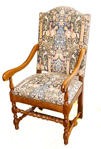 WILLIAM & MARY STYLE TAPESTRY UPHOLSTERED ARMCHAIR, H 46", W 24"