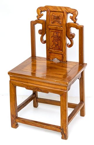 CHINESE  CARVED TEAKWOOD SIDE CHAIR, H 35" W 18.5" D 15.5" 
