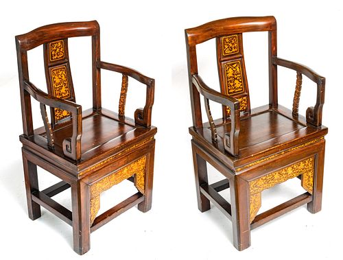 CHINESE 19TH.C TEAKWOOD CHAIRS WITH INLAY, PAIR H 44" W 24" 