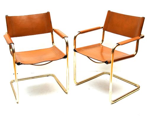 MATTEOGRASSI ITALIAN LEATHER AND METAL ARM CHAIRS, CONTEMPORARY, PAIR H 23" W 31" 