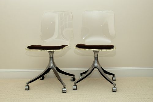 HILL MANUFACTURING CORPORATION LUCITE AND STEEL SWIVEL CHAIRS, C. 1978, PAIR, H 34", DIA 24" (BASE) 