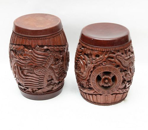 ASIAN CARVED WOOD DRAGON AND PHOENIX STOOLS, PAIR, H 20" DIA 13" 