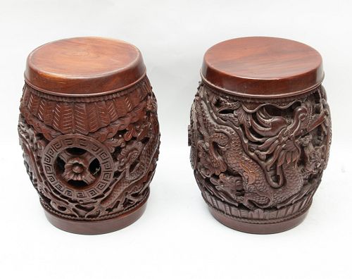 ASIAN CARVED WOOD DRAGON AND PHOENIX STOOLS, PAIR, H 20" DIA 13" 