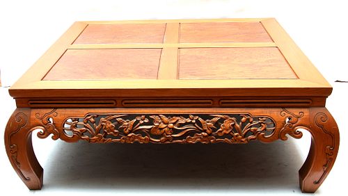 ASIAN CARVED WOOD COFFEE TABLE, H 17" W 43" L 43" 