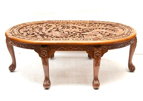 ASIAN CARVED WOOD DRAGON AND PHOENIX OVAL COFFEE TABLE, H 18" W 34.5" L 51" 