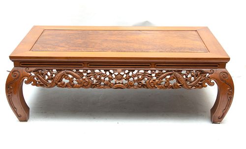 CHINESE CARVED WOOD COFFEE TABLE, H 17" W 25.5" L 48" 