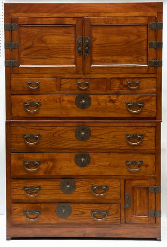 KOREAN CARVED WOOD CHEST-ON-CHEST, H 68 1/2", L 45 1/2", D 20 1/2"
