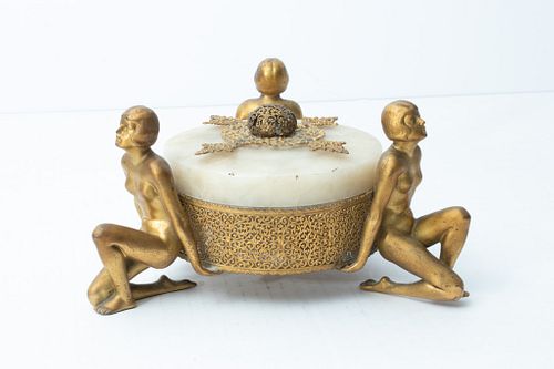GERMAN ALABASTER CONTAINER, PATINATED METAL FRAME WITH THREE NUDES, C 1900, H 5", DIA 8"