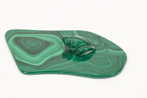 MALACHITE SLAB WITH  FROG IN RELIEF W 3.5" L 7" 
