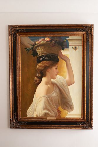 AFTER LORD FREDERIC LEIGHTON, OIL ON CANVAS, H 39", W 28", GIRL WITH FRUIT BASKET 