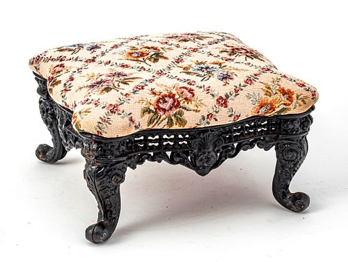 CAST IRON & TAPESTRY STOOL, H 8", W 14", D 14 