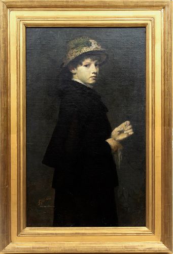 Edward August Bell (New York, 1862-1953) Oil On Canvas,  1883, Portrait Of Woman In Hat, H 39'' W 24''