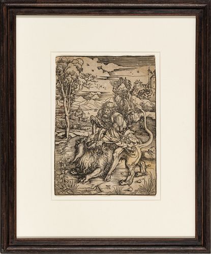 Albrecht Durer (German, 1471-1528) Woodcut Print, C. 1566-1594, Samson Rending The Lion, H 14.75'' W 10.75''